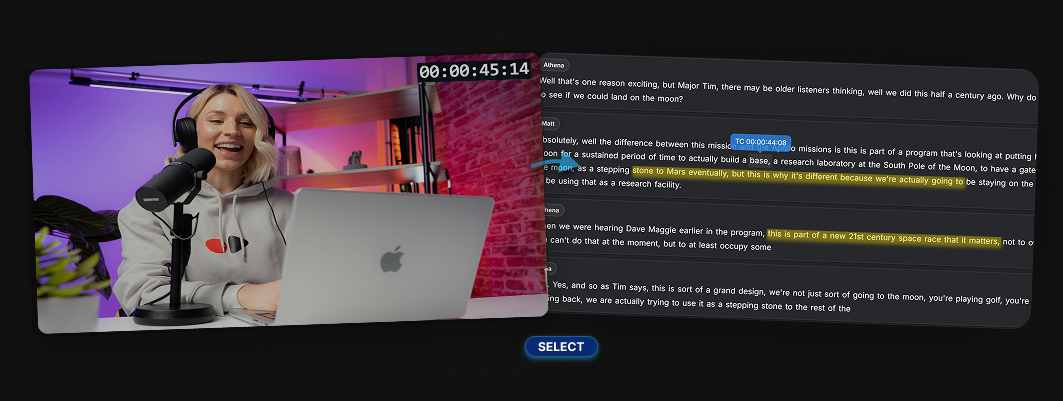 Editing video from transcript interface showing text-based clip selection